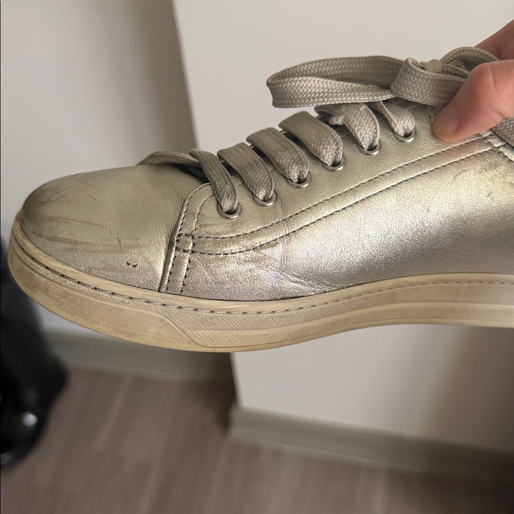 Prada Metallic Silver Leather Low Top Sneakers, size 38.5 - Picture 11 of 15